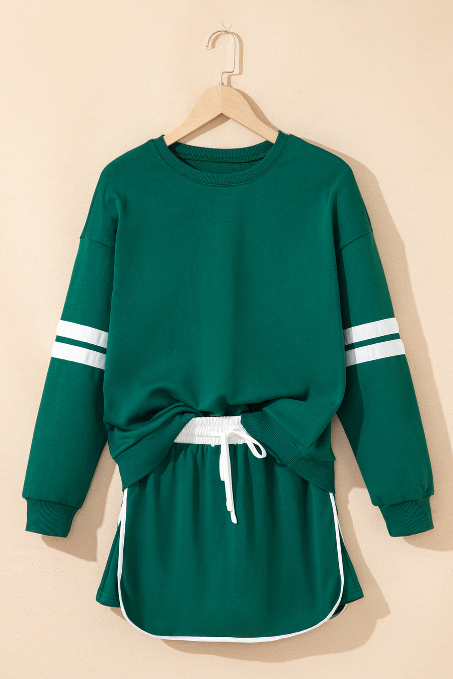 Varsity Striped Drop Shoulder Pullover Sweatshirt & Mini Skort Set- 6 Colors