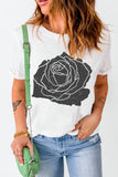 White with Black Rose Graphic Crew Neck T-Shirt