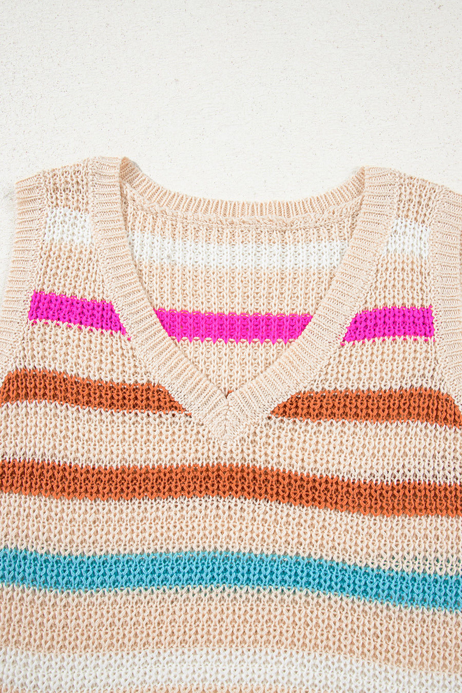 Khaki Striped V-Neck Textured Knit Vest