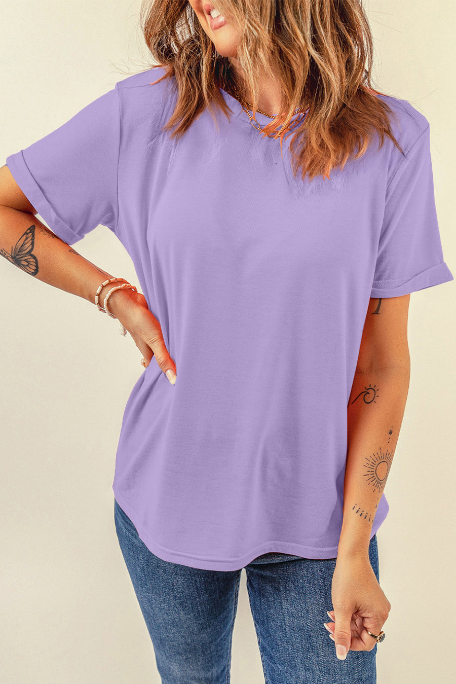Basic Crew Neck Rolled Sleeve T-Shirt- 12 Colors