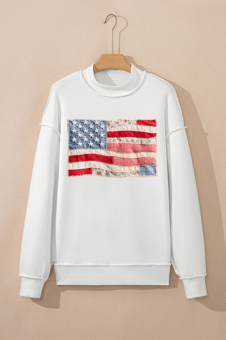 White Faux Patchwork Print USA and American Flag Reversible Sweatshirt