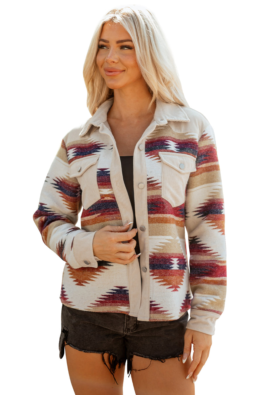 Multicolour Western Aztec Ribbed Patchwork Double Flap Pocket Raw Hem Shacket