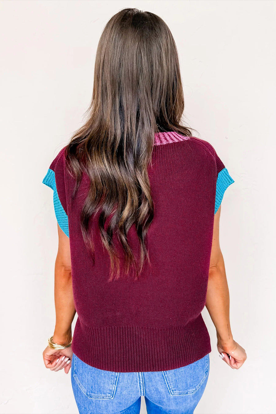 Burgundy Contrast Trim V-Neck Short Sleeve Loose Sweater