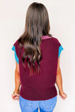 Burgundy Contrast Trim V-Neck Short Sleeve Loose Sweater