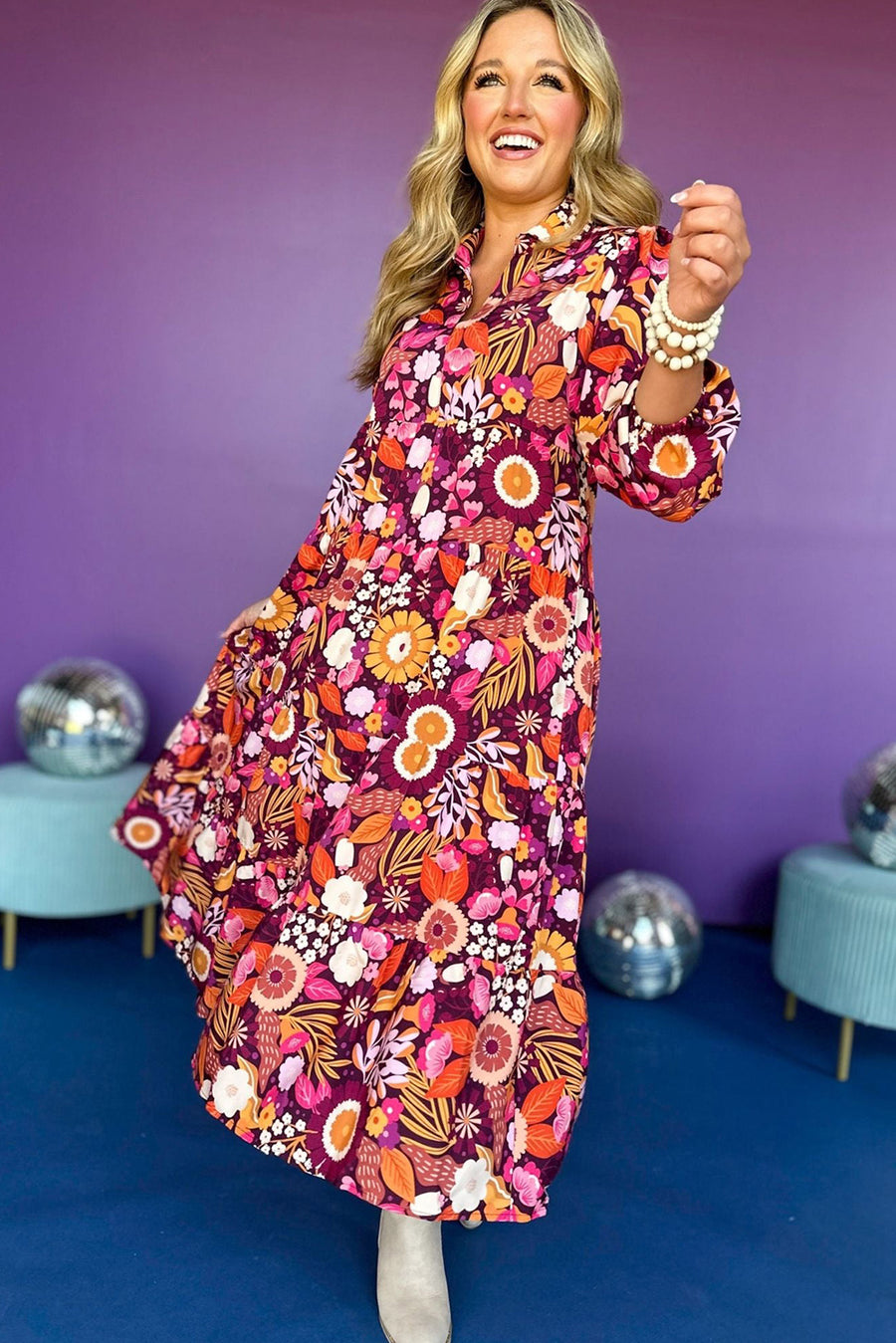 Purple and Orange Multi Floral Print Collared Tiered Flowy Long Sleeve Maxi Dress- 2 Colors
