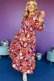 Purple and Orange Multi Floral Print Collared Tiered Flowy Long Sleeve Maxi Dress- 2 Colors