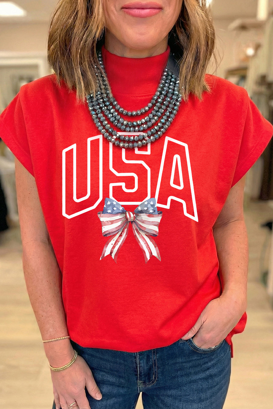 Red USA American Flag Bow Mock Neck Cap Sleeve Graphic T-Shirt