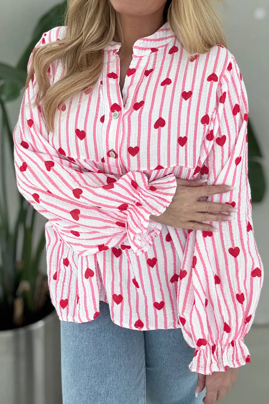 Pink Striped Textured Heart Print Long Flounce Sleeve Blouse