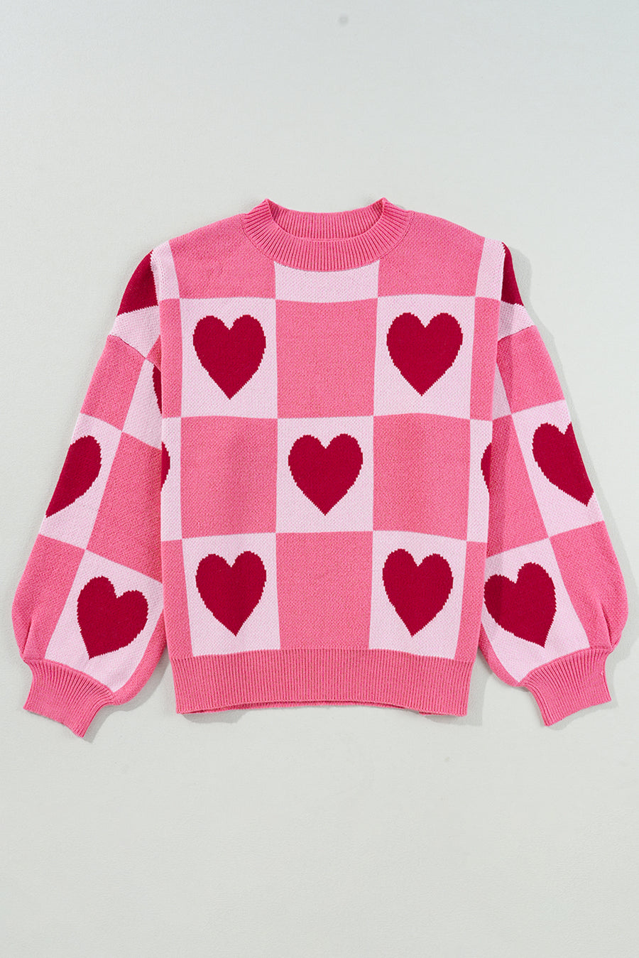 Pink Heart & Checkered Pattern Drop Shoulder Crew Neck Knit Sweater