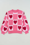 Pink Heart & Checkered Pattern Drop Shoulder Crew Neck Knit Sweater