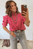 Striped Frill Neck Ruffled Short Puff Sleeve Button-Up Blouse- 2 Colors
