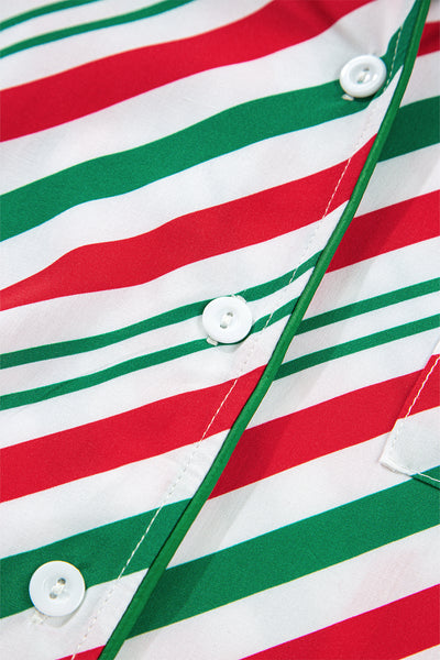 Green Striped Piping Trim Velvet Ribbon Knot Christmas Pajama Set