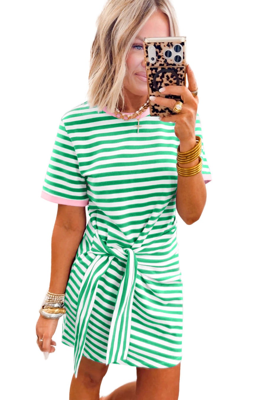 Striped Tie Front Contrast Trim Crew Neck T-Shirt Mini Dress- 3 Colors