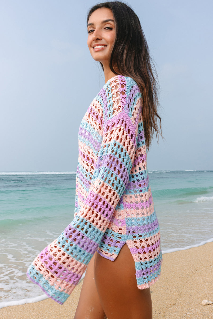 Openwork Side Slit Crew Neck Striped Cover-Up B- 2 Colors
