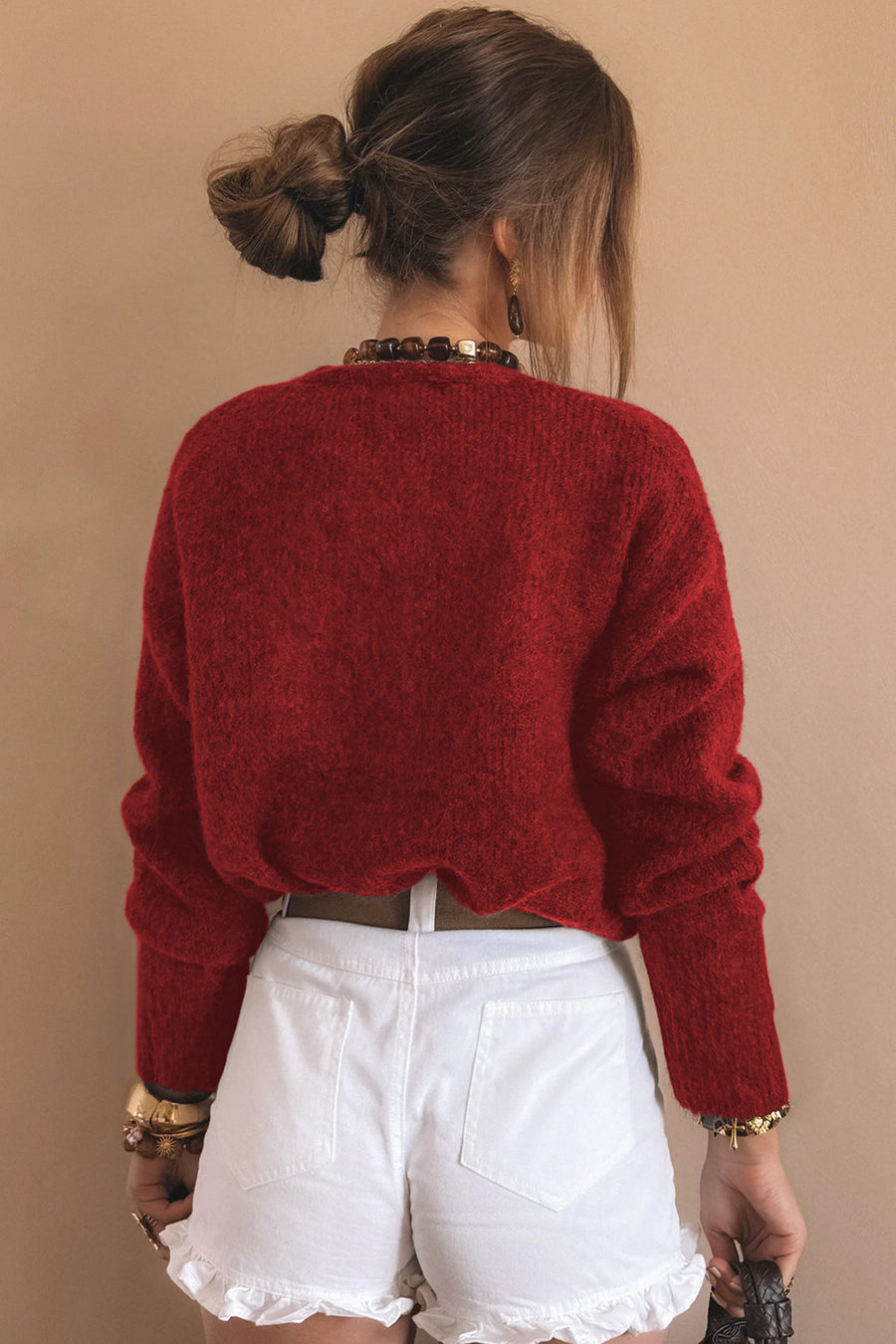 Red Heart Metal Button V-Neck Cardigan