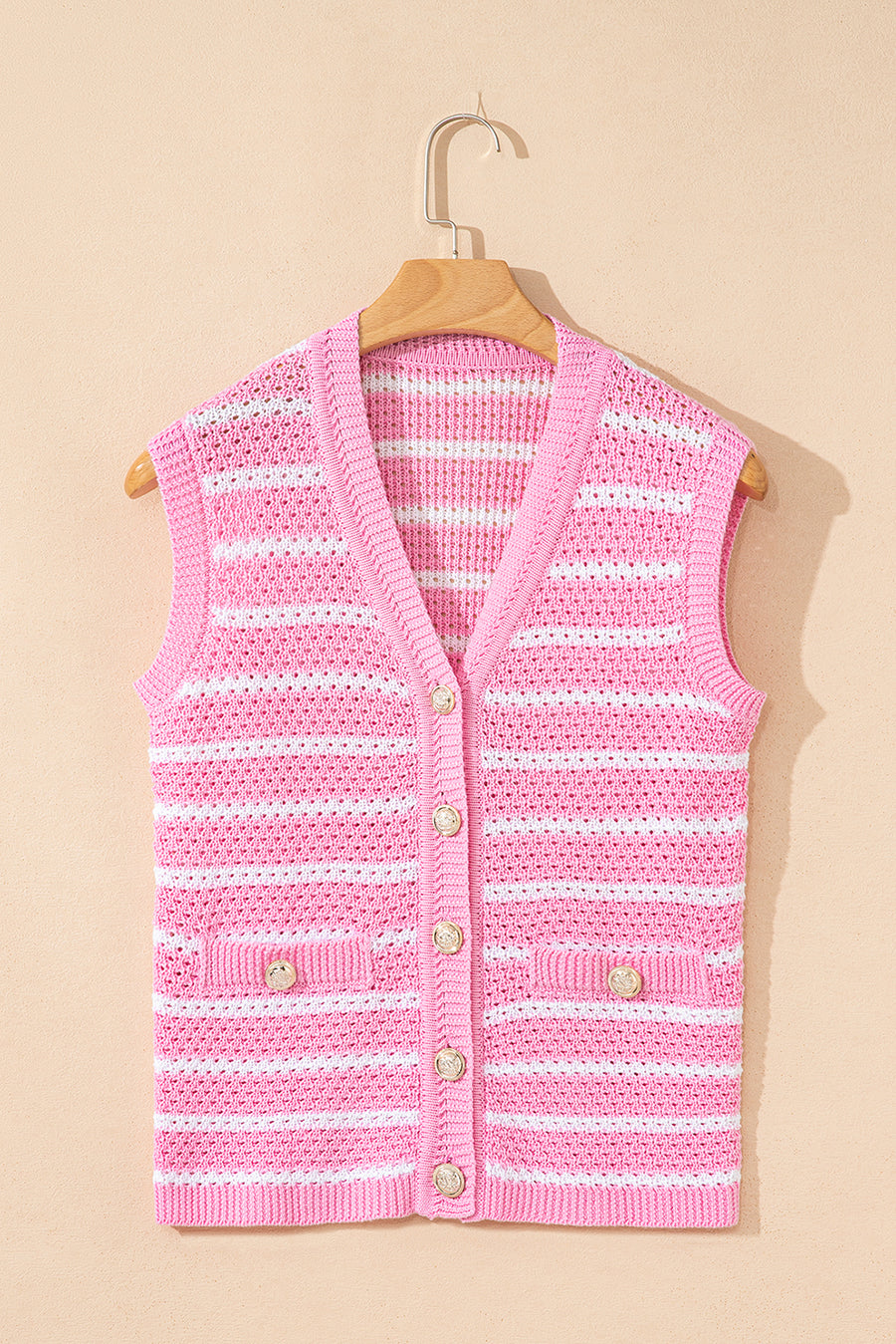 Striped V-Neck Button-Up Knit Vest- 2 Colors