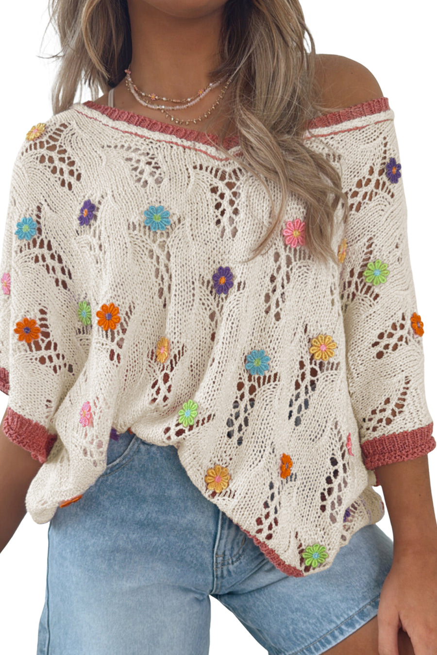 Ivory Floral Crochet Contrast Trim Knit Sweater