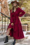 Solid Long Sleeve Button V-Neck Tiered Maxi Dress- 2 Colors