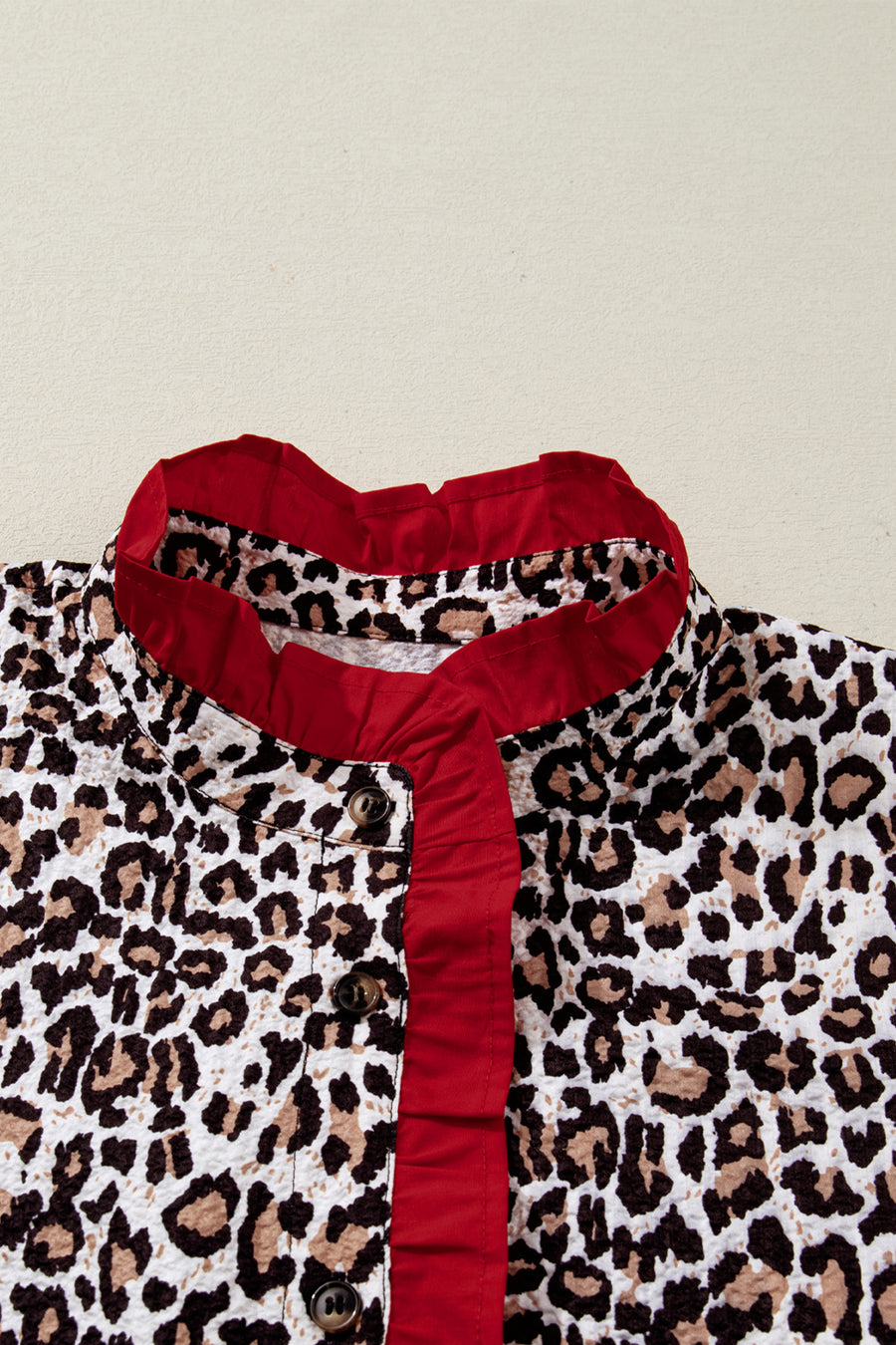 Leopard Print Contrast Frilled V-Neck Button-Up Blouse