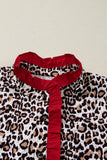 Leopard Print Contrast Frilled V-Neck Button-Up Blouse