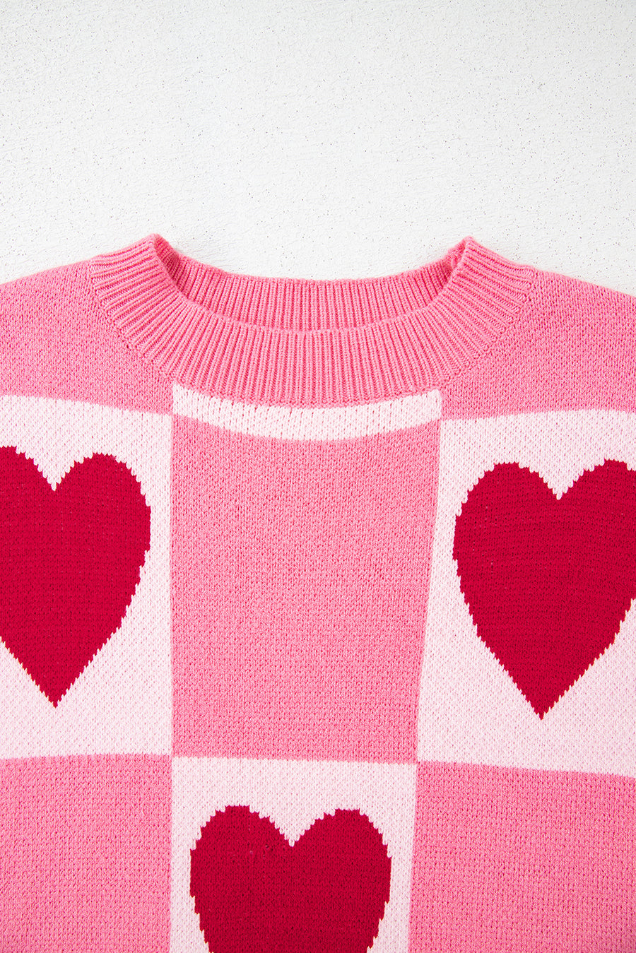 Pink Heart & Checkered Pattern Drop Shoulder Crew Neck Knit Sweater