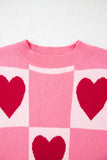 Pink Heart & Checkered Pattern Drop Shoulder Crew Neck Knit Sweater