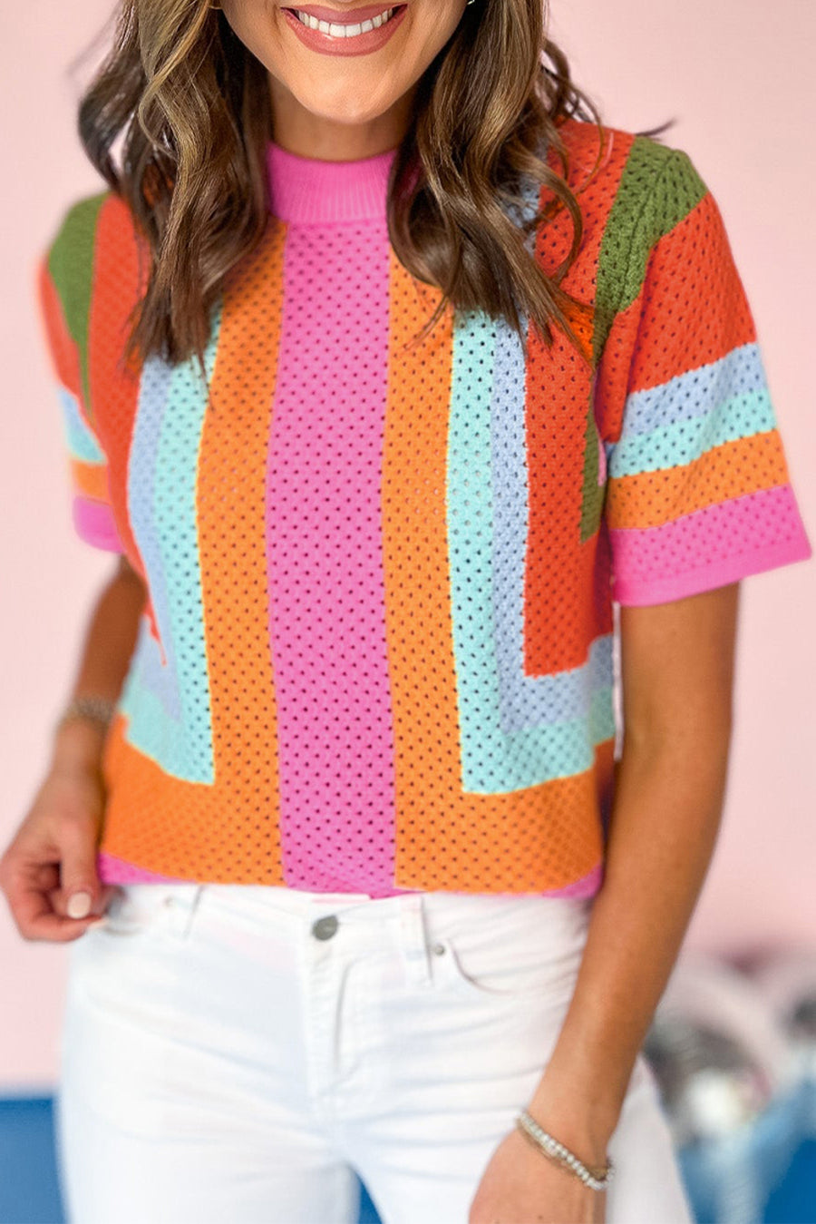 Color Block Openwork Knit T-Shirt