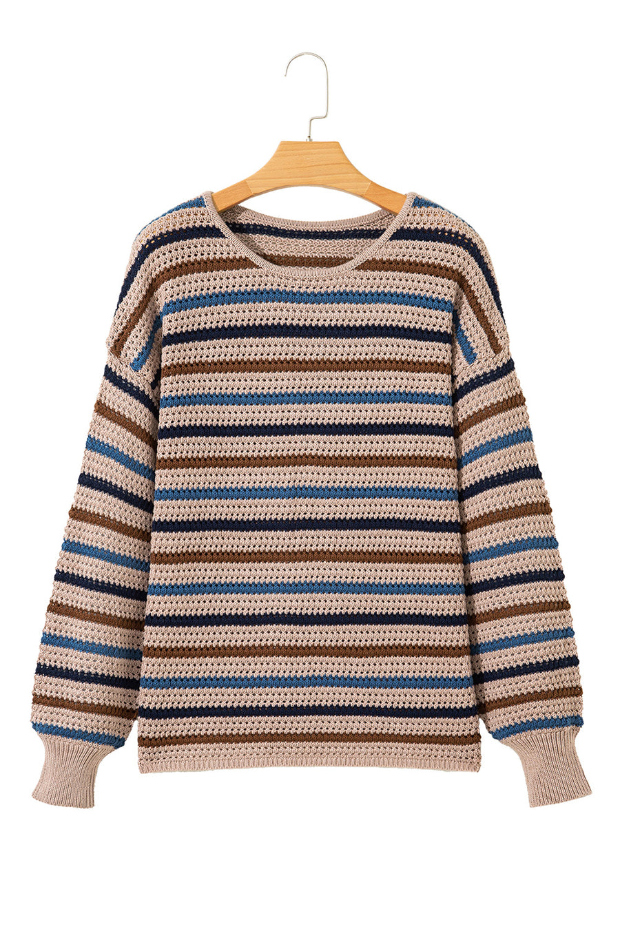 Tan Multi Openwork Striped Knit Drop Shoulder Crew Neck Sweater