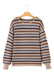 Tan Multi Openwork Striped Knit Drop Shoulder Crew Neck Sweater