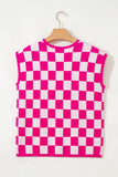 Fuchsia Checkered Pattern Cap Sleeve Knit Top