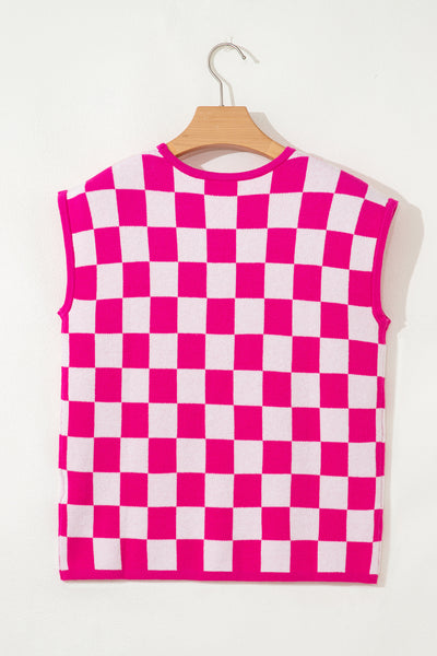 Fuchsia Checkered Pattern Cap Sleeve Knit Top