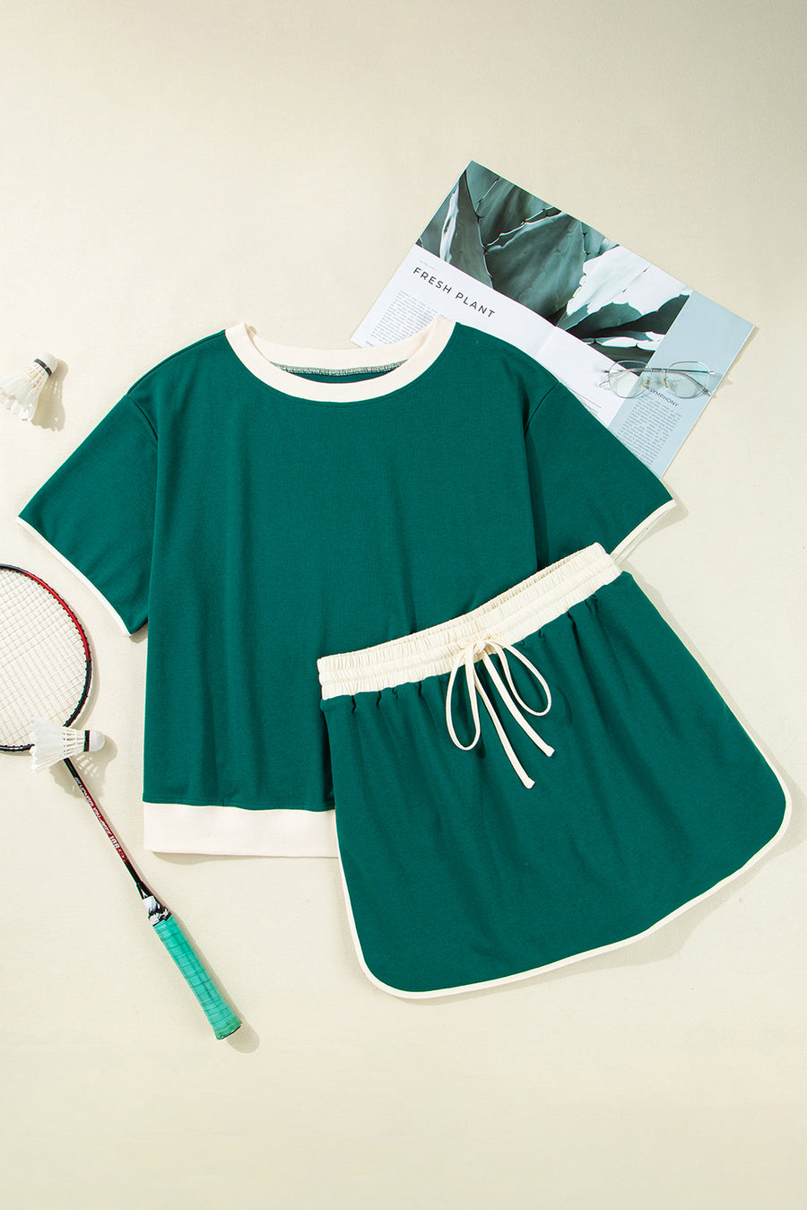 Plus Size Contrast Trim T-Shirt and Skort Two Piece Set- 3 Colors