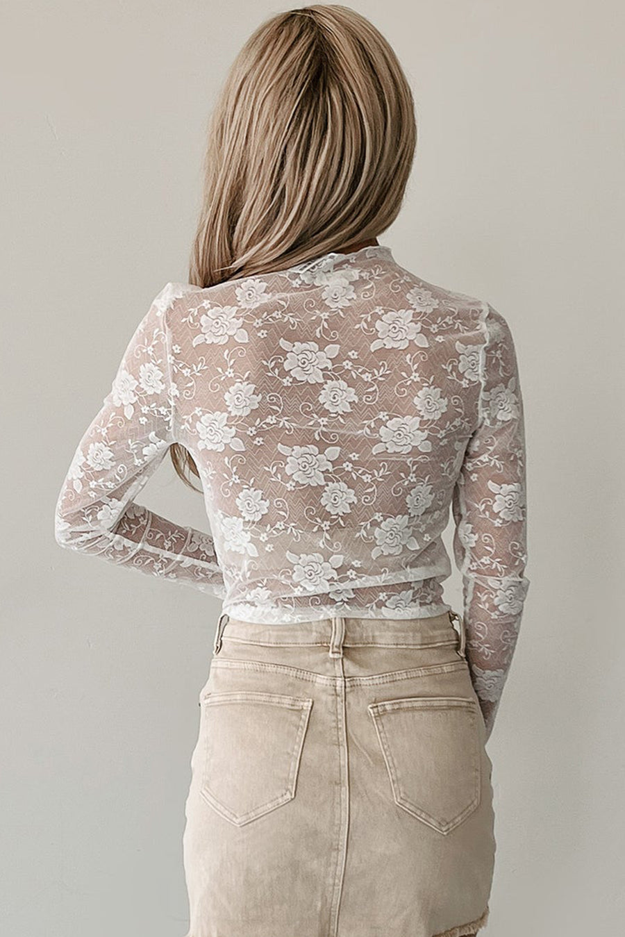 Floral Mock Neck Lace Long Sleeve Mesh  Top- 2 Colors