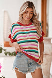 Red Multi Striped Diamond Pattern Short Sleeve Knit Sweater