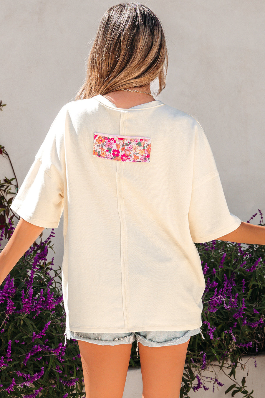 Pink Floral Patched Exposed Seam Oversized T-Shirt- 2 Colors