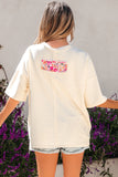 Pink Floral Patched Exposed Seam Oversized T-Shirt- 2 Colors