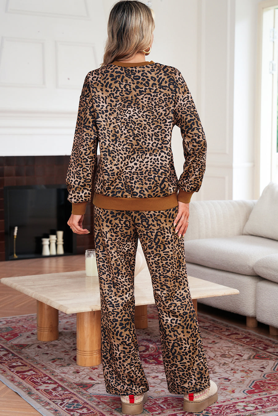 Leopard Print & Embroidered Bow Long Sleeve Top and Pants Set