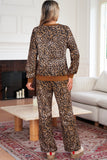 Leopard Print & Embroidered Bow Long Sleeve Top and Pants Set