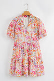 Multicolored Floral Print Notched V-Neck Puff Sleeve Tiered Mini Dress