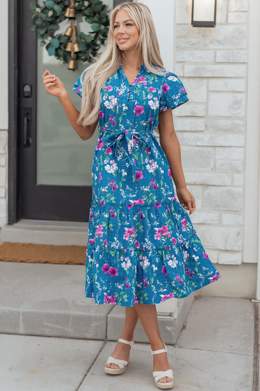 Blue Floral Flutter Sleeve Tie Neck Belted Midi Dress