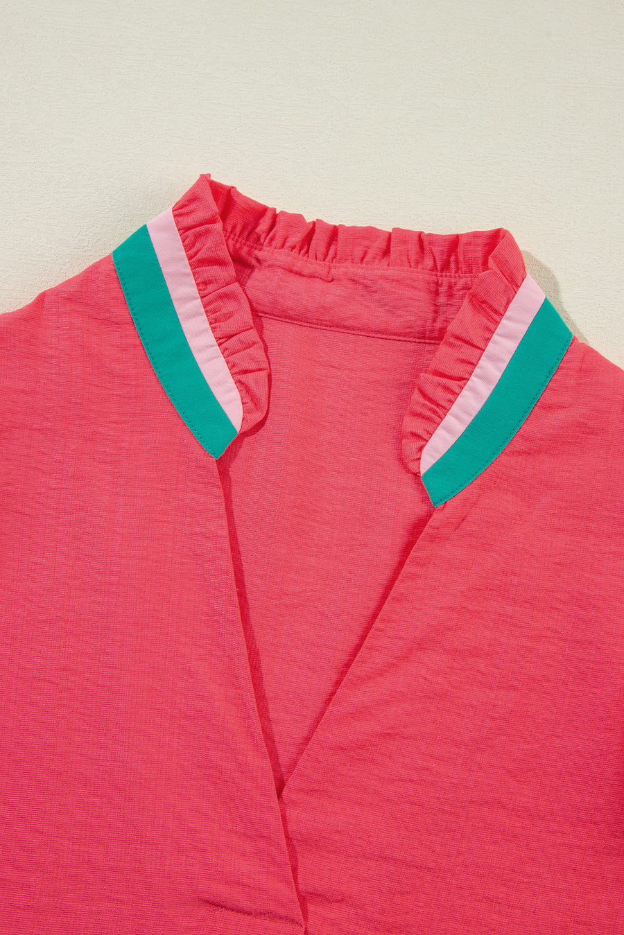 Puff Sleeve Color Block Frill V-Neck Blouse