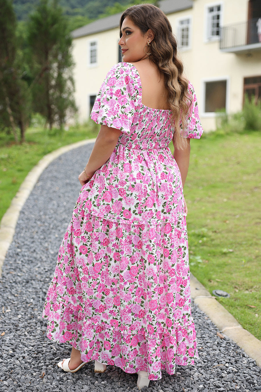 Plus Size Pink Floral Smocked Puff Sleeve Maxi Dress