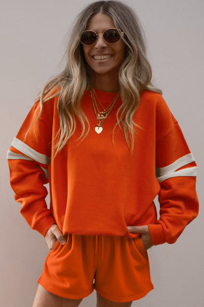 Varsity Striped Sleeve Drop Shoulder Sweatshirt and Shorts Set- 5 Colors
