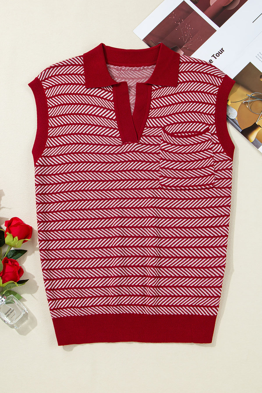 Striped Contrast Trim Sleeveless Collared Sweater- 3 Colors