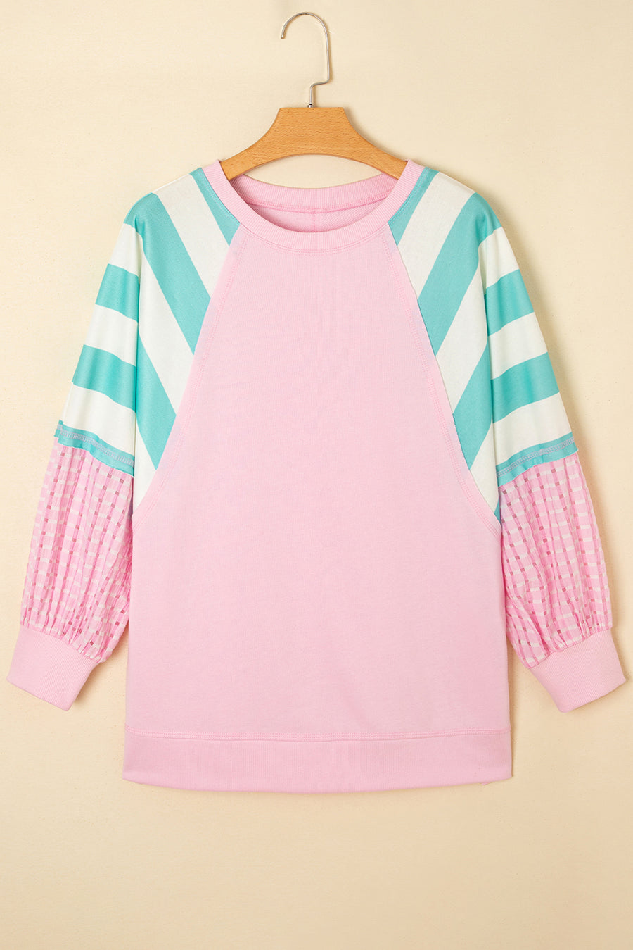 Light Pink Striped Color Block Patchwork Raglan Sleeve Top