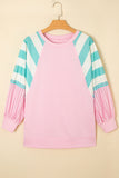 Light Pink Striped Color Block Patchwork Raglan Sleeve Top