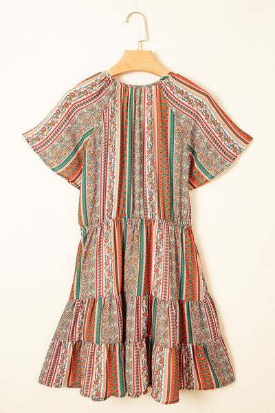 Red Bohemian Floral Print Buttoned V Neck Ruffle Tiered Dress