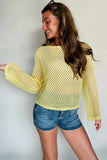 Yellow Cream Scalloped Trim Hollow Out Knit Long Sleeve Top
