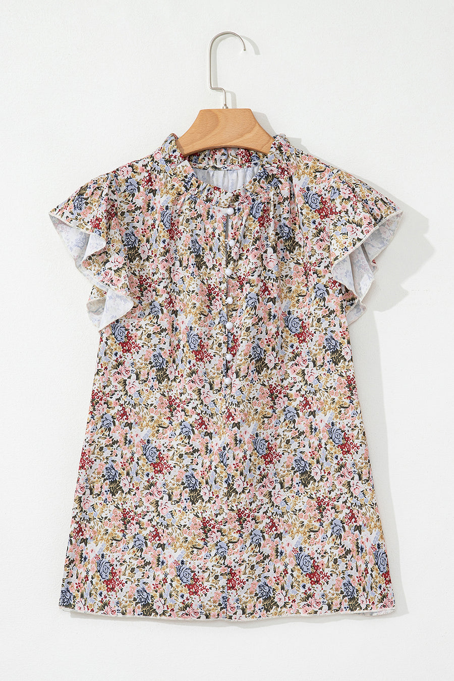 Multicolored Floral Frilled Neck Ruffled Short Sleeve Button-Up Blouse