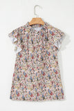 Multicolored Floral Frilled Neck Ruffled Short Sleeve Button-Up Blouse